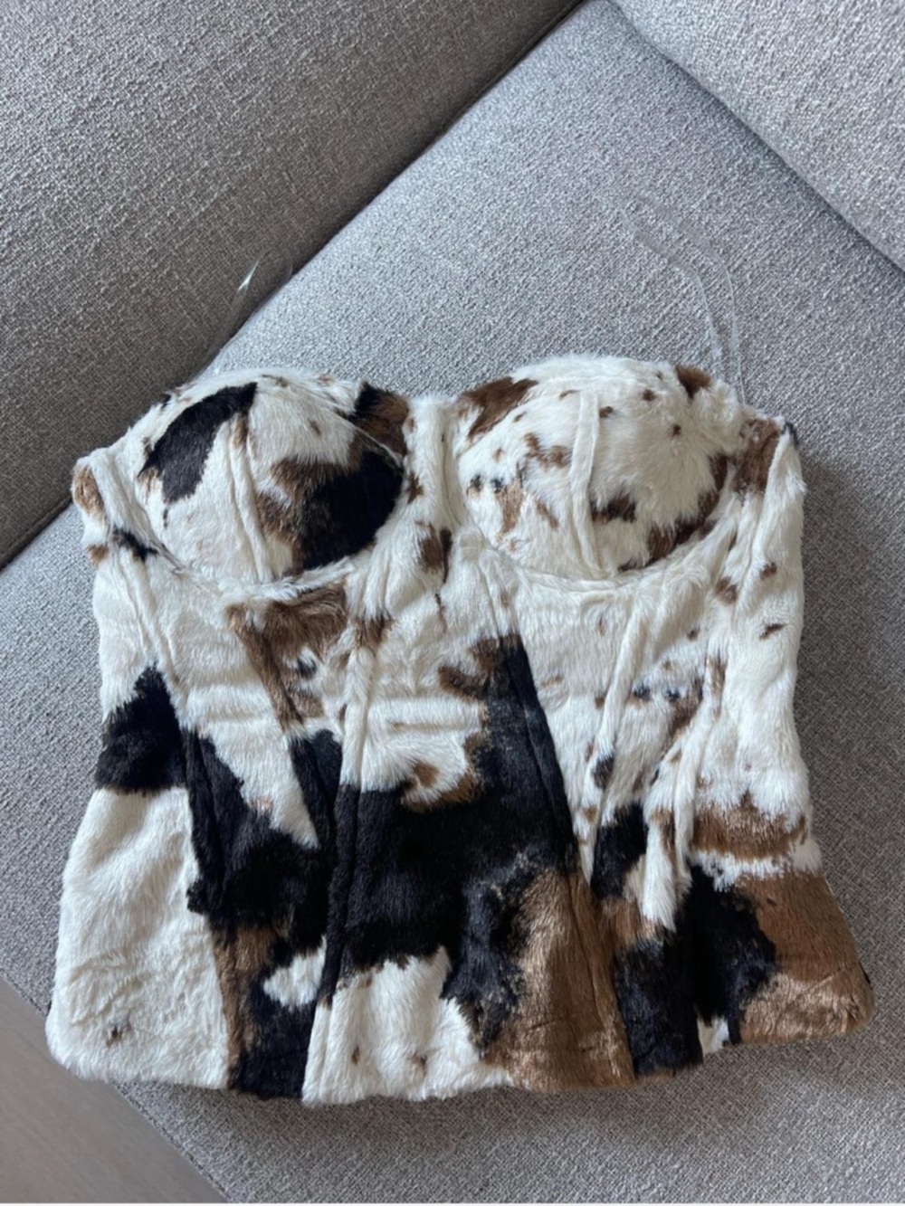 Fashion Nova Faux Fur Cowprint Bustier Top in Cream, Brown & Black